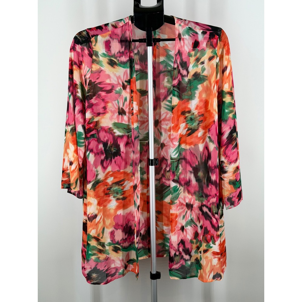 Colleen Lopez Womens Floral Open Front Cardigan Topper Pink Orange Green M